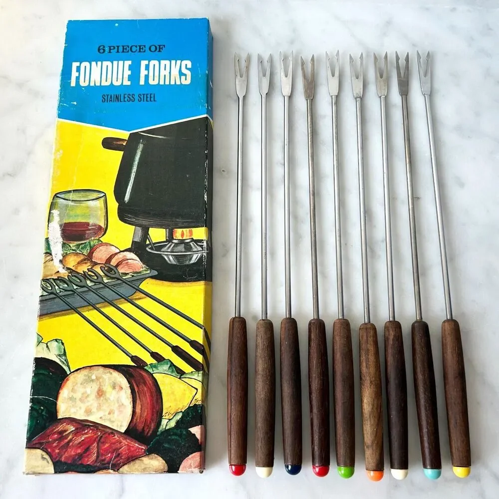 Vintage Fondue Forks Set 9 Stainless Steel Wood Handles Color Tips Box MCM